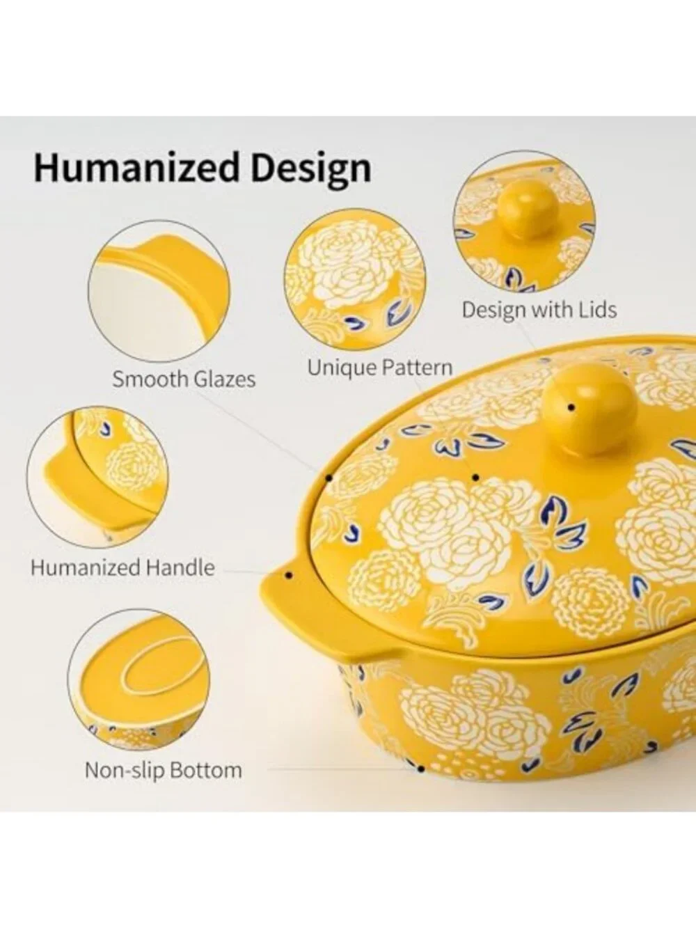 Yellow Ceramic Casserole Dish with Lid - Oval Baking Pan for Lasagna & Bread